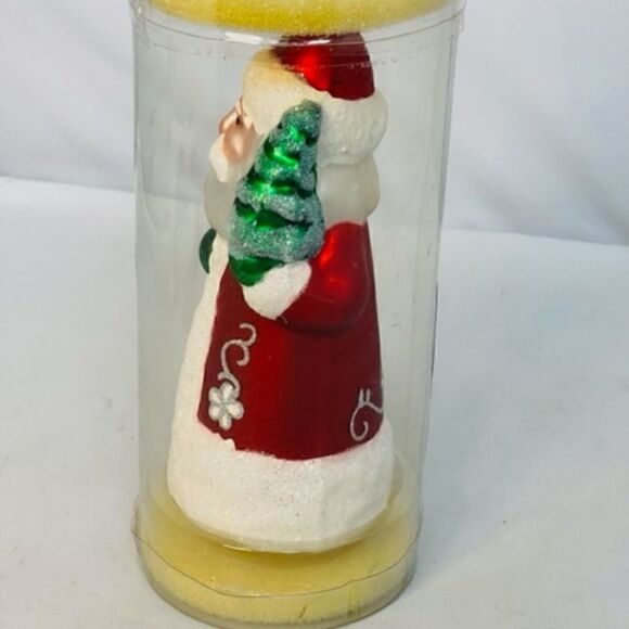 Santa St. Nick Red Coat Holding Tree Mica Glitter Glass Christmas Ornament 6" Ex - Picture 3 of 5